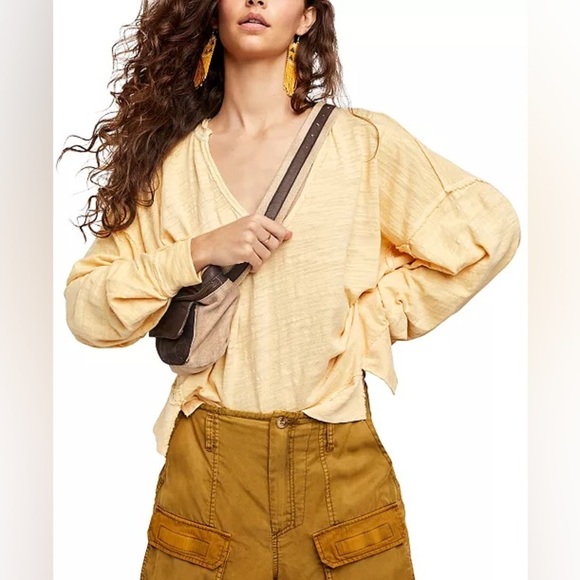 Free People We the Free Vega Cotton Long Sleeve Top Oversized Raw Hem Size Small - Picture 1 of 11